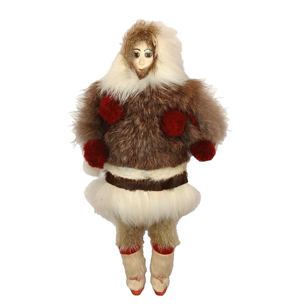 Vintage Fur Clad Inuit Doll Figurine Painted Face Folk Art Real Fur 9 in Tall